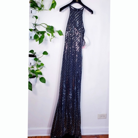 DAVE JOHNNY Dress 4 SMALL Junior Gown Halter Silver Black Maxi Long Bling Mirror - Picture 4 of 13